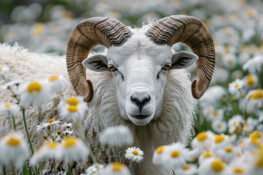 portrait of a white ram with majestic horns nature background with white flowers