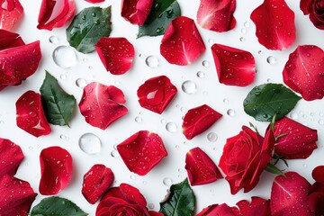 Rose flower petals , water drop and leaf falling in white background