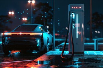 electric car charging at a modern illuminated EV charging station at night - obrazy, fototapety, plakaty