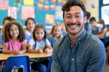 smiling male teacher in an elementary school classroom with students on background - obrazy, fototapety, plakaty