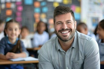 smiling male teacher in an elementary school classroom with students on background - obrazy, fototapety, plakaty