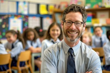 Fototapeta premium smiling male teacher in an elementary school classroom with students on background