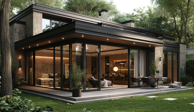Modern black house with glass walls and roof, exterior view of a modern home in a garden with trees, cozy interior design, a glass window on the side, large windows on the front facade.Created with Ai
