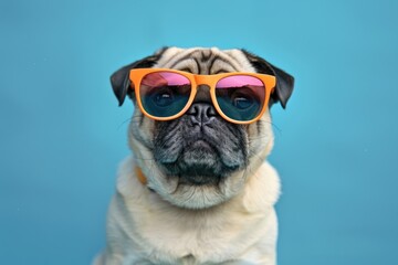 Super cool pug dog wearing colorful sunglasses on blue background - obrazy, fototapety, plakaty