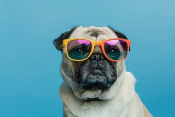 Super cool pug dog wearing colorful sunglasses on blue background - obrazy, fototapety, plakaty