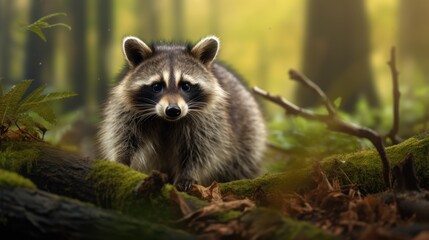 Fototapeta premium Discover the charm of a green forest as a furry raccoon, devoid of people, gracefully navigates the summer day, epitomizing the beauty of wildlife.