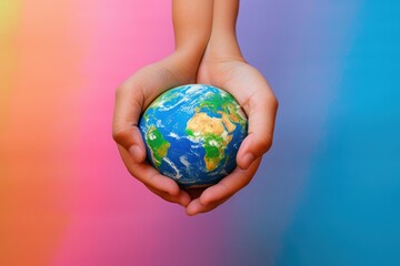 hands hold a miniature Earth , symbolizing care and responsibility for our planet.