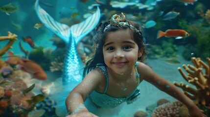 a cute kid girl as mermaid in the water