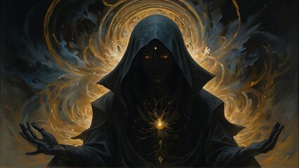 A shadowy divine elemental looms in the darkness, a being of ethereal power and mystery. This anime character is depicted in a stunning painting, where every brushstroke brings out the depth of its 
