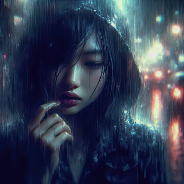 Sad Asian Girl in Cloudy Rainy Weathe