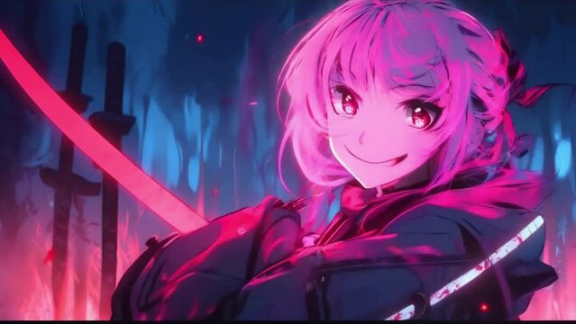 A girl in the anime style smiles maliciously with fanged white teeth, her huge eyes glow in the dark, she has two katanas behind her back, on a blood background clean looped. 2d animated art.