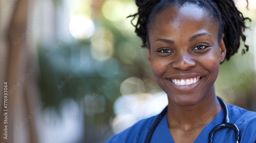 Poster portrait of smiling nurse with hospital gown and stethoscope, blurred background  