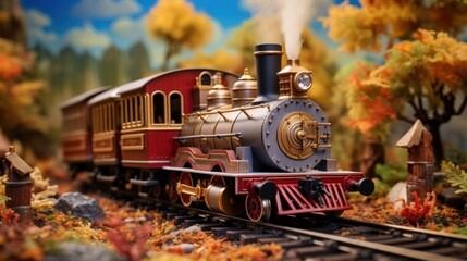 Step into a world of imagination with this toy model railroad, featuring a locomotive and cars moving gracefully along miniature tracks. - obrazy, fototapety, plakaty