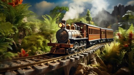 Witness the magic of miniature transportation with this model railroad toy, featuring a locomotive and cars moving along complex, narrow tracks. - obrazy, fototapety, plakaty