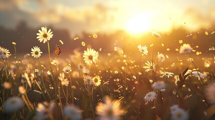 A sunlit vista of daisies stretching to the horizon, their petals swaying gently in the breeze while butterflies dance and flutter in the warm summer air. - obrazy, fototapety, plakaty