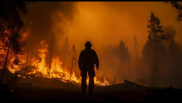 Silhouette of firefighter against background of burning trees. Bright flames and dense fumes. Dangerous work. Forest fires. Concept of environmental protection.