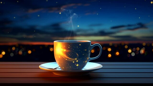 A warm cup of coffee on the roof with city view at night with shooting stars. seamless looping 4k time-lapse animation video background