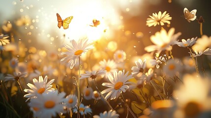 A sunlit vista of daisies stretching to the horizon, their petals swaying gently in the breeze while butterflies dance and flutter in the warm summer air. - obrazy, fototapety, plakaty
