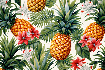 Embark on a tropical escape with a delightful pattern featuring vibrant pineapples and verdant leaves, isolated against a pure Generative AI,