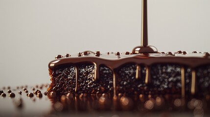 A tantalizing sight of chocolate dripping from a cake's edge, captured in stunning detail against a clear backdrop, promising pure indulgence. - obrazy, fototapety, plakaty
