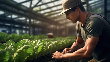 Naklejka na ściany i meble A farmer in a hat practices sustainable farming in a sun-drenched greenhouse, surrounded by blooming greenery and blooming crops.
