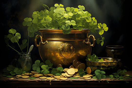 Get ready to celebrate St. Patrick's Day in style with an enchanting image of a black pot filled with gleaming gold coins and  Generative AI,