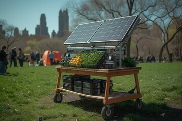 A mobile plant station harnessing solar energy showcases fresh produce and greenery against a city park backdrop, blending natural and urban elements.