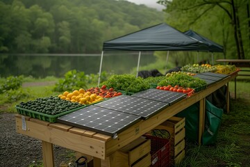 An eco-market stand by a tranquil lake offers a colorful array of organic vegetables under the clean energy of solar panels, amidst lush greenery.
