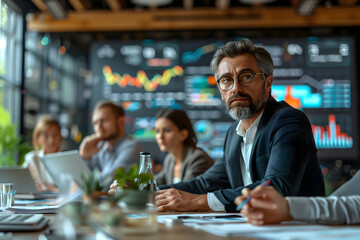 A business professional in thoughtful concentration during a brainstorming session in a modern conference room with data-driven charts in the background