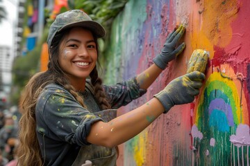  A young artist with a beaming smile works on a bright mural, her hands and face speckled with paint, sharing the joy of street art.