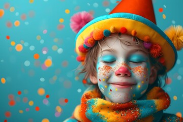 A child's face lights up with a serene smile, painted in festive clown makeup and adorned with a colorful hat, embodying the spirit of celebration.