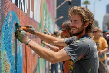 An artist with a sunlit smile paints a community mural, his hands and shirt speckled with a kaleidoscope of paint colors.