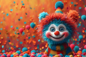 A playful clown figurine, with a heartwarming smile, is immersed in a vibrant shower of confetti, evoking a scene of pure celebration. Colorful Clown Toy with Festive Confetti Background