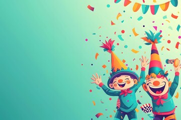 Animated Party Characters with Festive Hats and Confetti on Teal Background. Cartoon kids in festive attire leap joyously, surrounded by a flurry of confetti and streamers