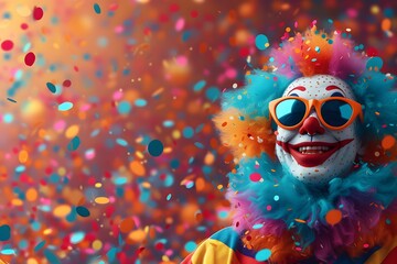  Joyful Clown with Colorful Wig and Sunglasses Against Confetti Background. In a whirl of confetti, a clown with a beaming smile 