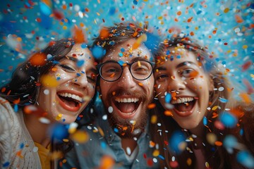 Three friends share a joyful moment amidst a vibrant shower of confetti, with wide smiles indicating a celebration or a special event