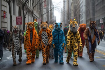 Protesters clad in vivid animal costumes march down the city street, making a bold statement for wildlife conservation in an eye-catching display.