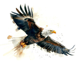 WAtercolor flying bald eagle on white background