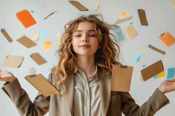 A young businesswoman in a suit playfully juggles office supplies, capturing a moment of joy and creativity in a professional setting
