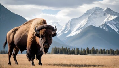 a-bison-with-a-majestic-mountain-in-the-background- - obrazy, fototapety, plakaty