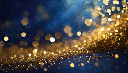 Abstract dark blue and gold background with Christmas golden light shine particles