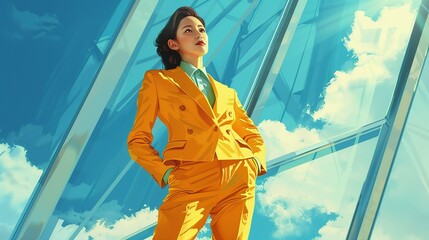 A visionary Asian entrepreneur, dressed in a radiant yellow suit, stands poised and ready to conquer new horizons from her office stronghold.
