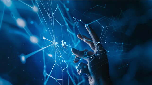 A hand that will touch a transparent blue hologram, a hand, and digital technology.