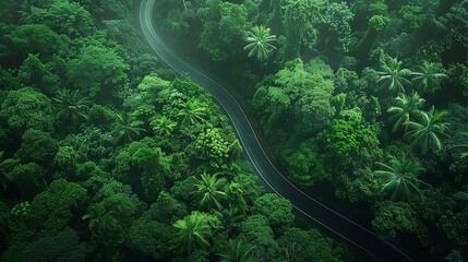 An enchanting overhead shot of a serpentine road winding through a picturesque rainforest, its lush green canopy glistening in the rain.