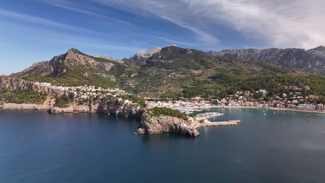 An aerial drone view of Port de Soller in Mallorca