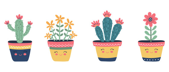 Vector set of colorful kawaii potted cacti and flowers. Cute and happy cartoon characters.