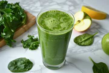 A glass of green juice with spinach and apple slices on a table
