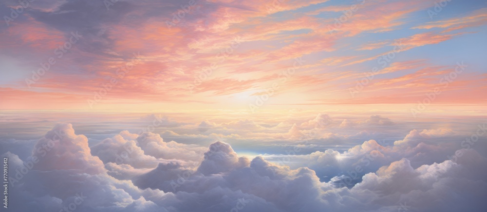 Poster the suns rays are breaking through the billowing clouds in the sky, creating a stunning natural land