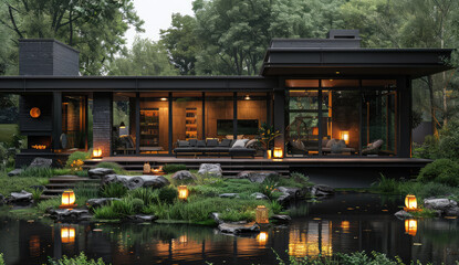 A black modernist house in the woods with large windows and an open terrace surrounded by greenery, overlooking a small pond at night illuminated by lanterns. Created with Ai
