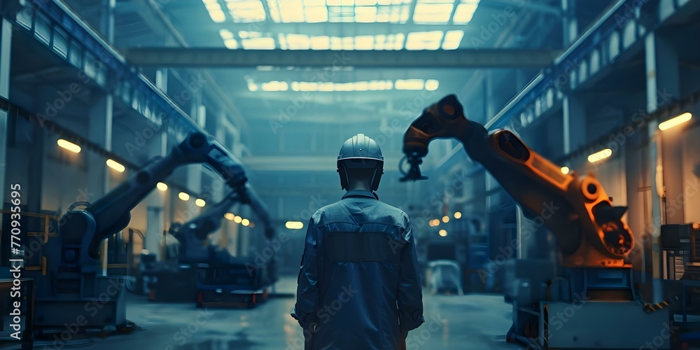 Poster engineer overseeing robotic arms in a hightech factory using rea. concept robotics, engineering, hig